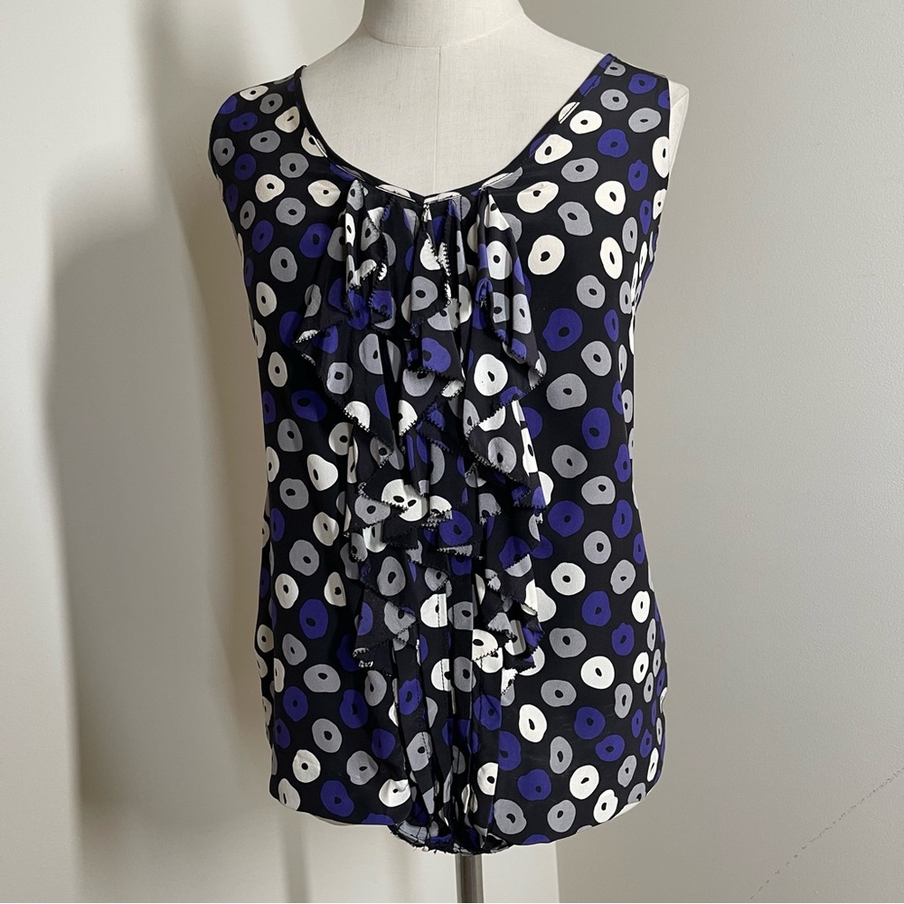 Tory Burch Womens -SZ 2- 100% Silk Multicolor Ruffle Front Sleeveless Top Blouse